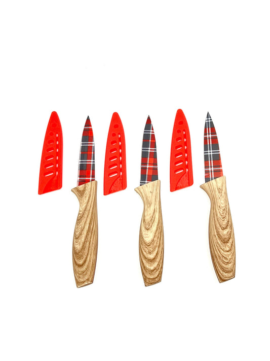 3-Piece Festive Holiday Paring Knife Set with Blade Guards, Gingham-1