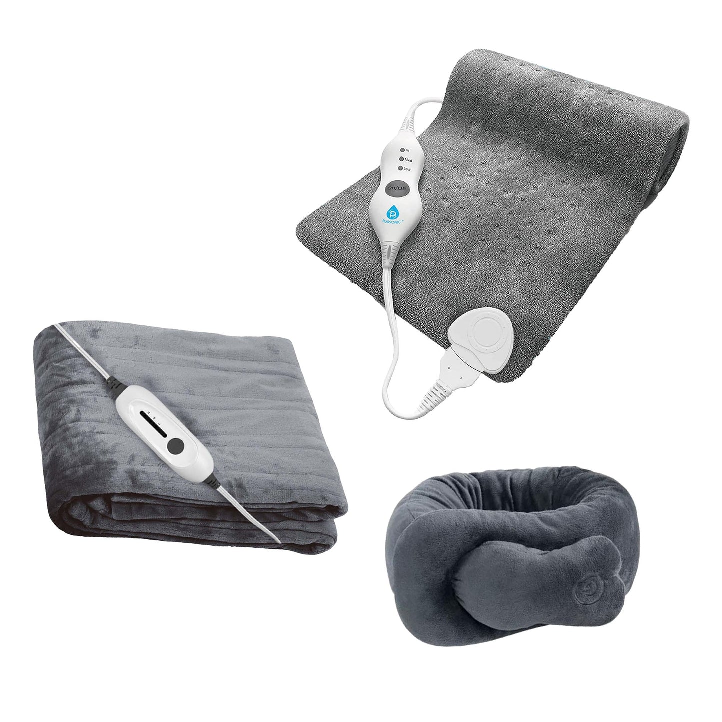 Pursonic Total Warmth & Comfort Bundle – Includes Electric Soft Microplush Heated Blanket Throw, Pursonic Electric Heating Pad & Portable Neck & Shoulder Massaging Wrap-0